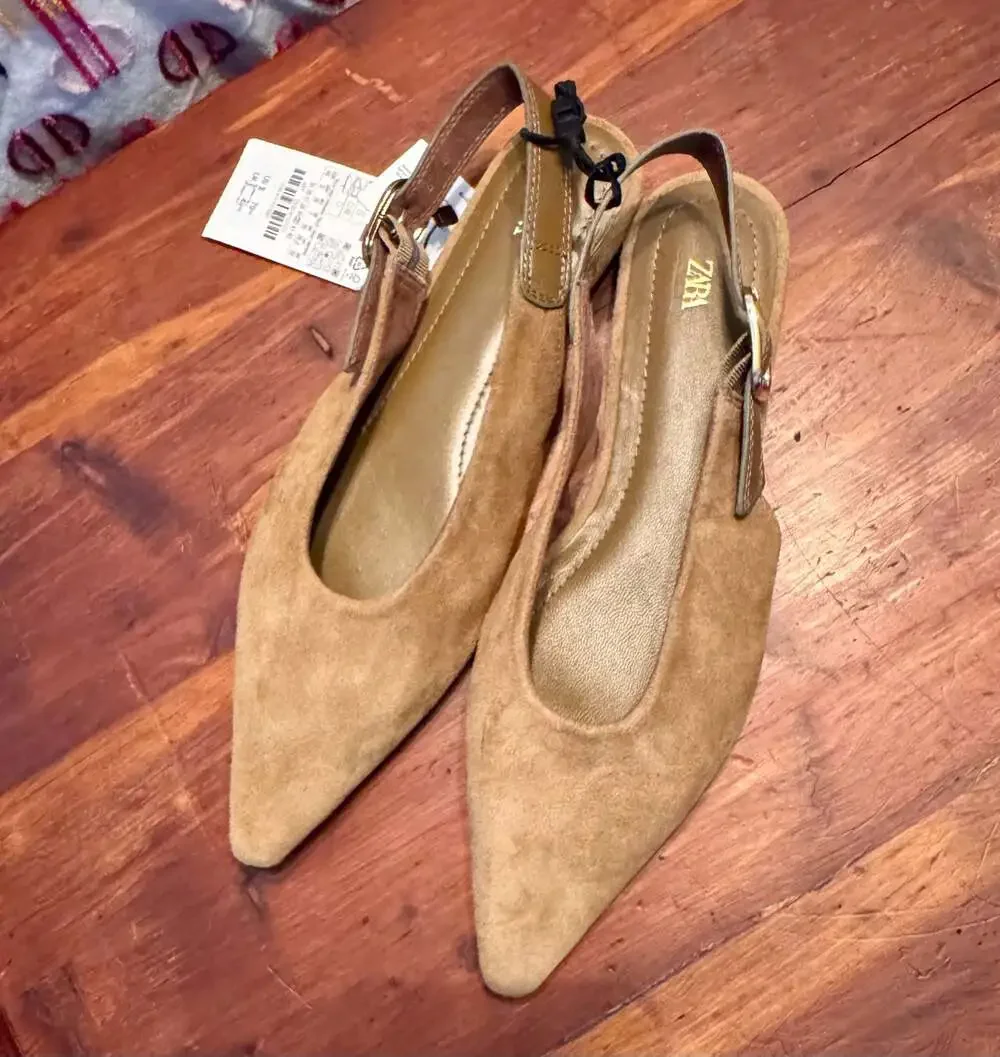 New Zara Suede Slingback Pointed Toe Flat Shoes Size 9 - Picture 6 of 8